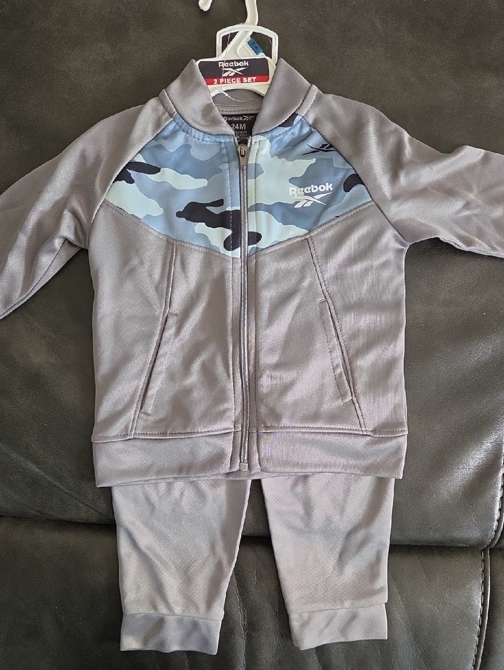 NWT Reebok Gray Jacket and Pants Set with Blue Camo Yoke